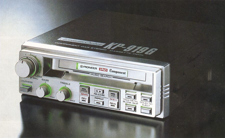 Vintage Pioneer KP-919G car stereo cassette deck with bass, treble, and loudness controls, music search, and Dolby NR.
