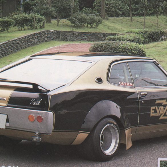 Vintage customized Eizo car with Ultra and E.YAZAWA decals parked in a green park with stone wall.
