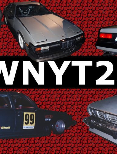 Showcase of classic and modified cars with 'PNWNYT2024' text on a patterned red background.