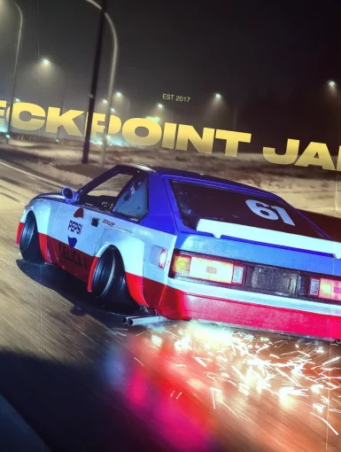 Alt text: Retro car drifting at night with sparks flying. Background text says Checkpoint Japan with another car ahead.