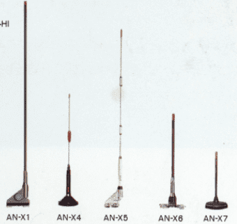 Various types of Pioneer antennas labeled AN-X1, AN-X4, AN-X5, AN-X6, and AN-X7 on white background, ranging from tall to short. Japanese text HI.