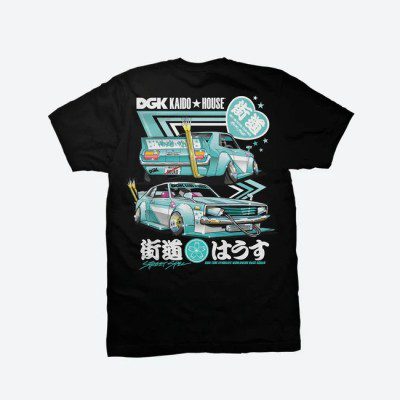 Black T-shirt with vibrant blue-green car design, DGK Kaido House logo, and Japanese text, street style graphics.