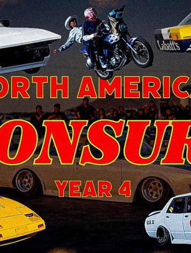 Collage of cars and motorcycles at North America Nonsuri Year 4 event with dynamic flames in the background.