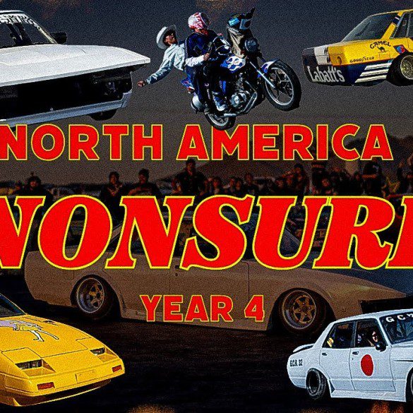 Collage of cars and motorcycles at North America Nonsuri Year 4 event with dynamic flames in the background.