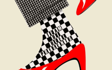 Checkerboard socks with red heels on a New Year's event poster, SoCal New Years Touring by Team Heel, January 11th.
