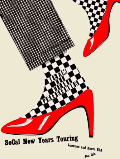 Checkerboard socks with red heels on a New Year's event poster, SoCal New Years Touring by Team Heel, January 11th.
