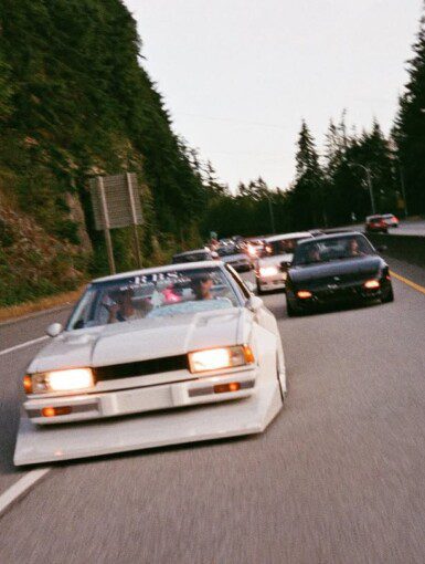 Vintage cars cruising on a scenic highway lined with trees, showcasing retro automotive culture.