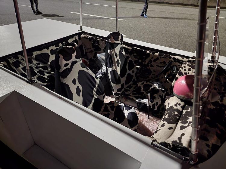 Car interior with cow print seats and a distinctive pink steering wheel on a dimly-lit street.