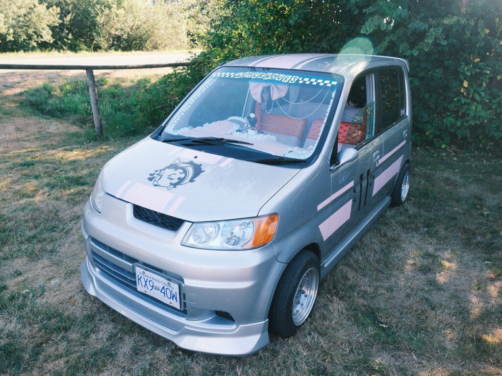 Customized car with decorative decals and pink accents parked outdoors on grass.