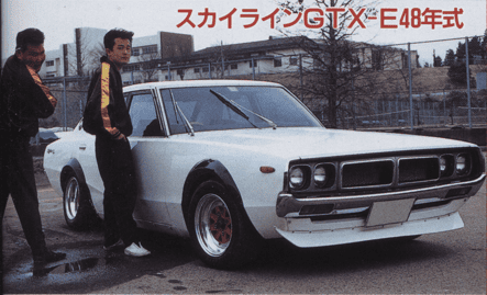Vintage Nissan Skyline GTX-E48 with two individuals standing beside it, featuring retro style and classic design.