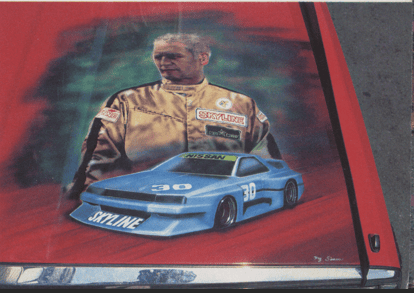 Car hood artwork featuring a race car driver in a suit and a blue Nissan Skyline race car with number 30.