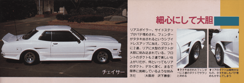 Vintage white car with a large rear spoiler and stylish side skirts, showcased in a Japanese automotive magazine.