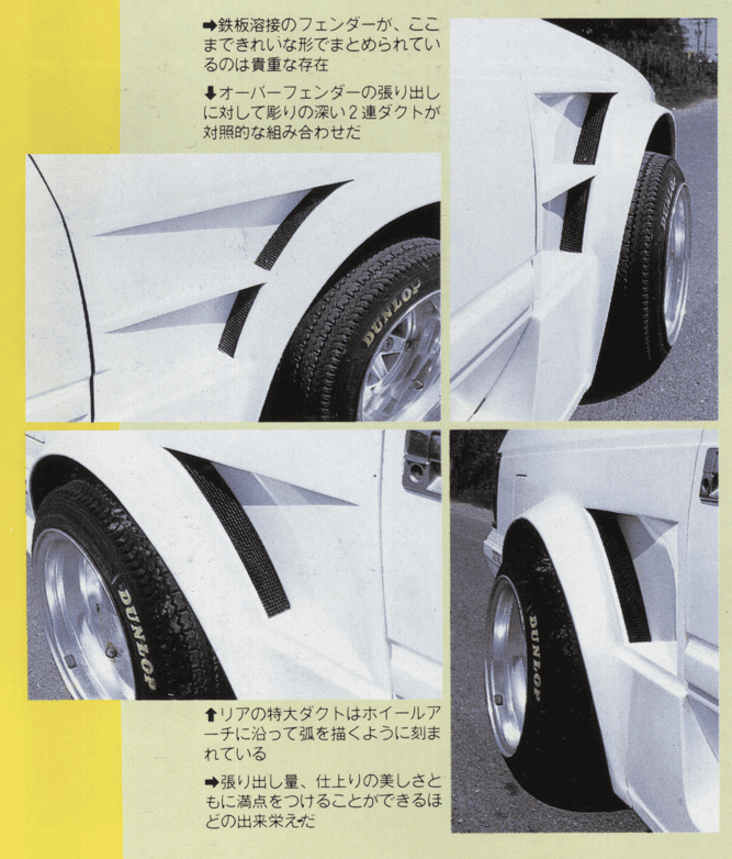 Close-up of white car fenders with aerodynamic vents and Dunlop tires on display.