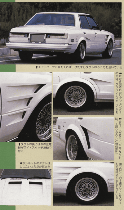 White vintage car with custom body kit, showcasing aerodynamic vents and stylish wire wheels.